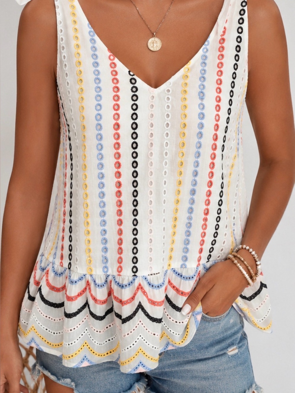 Entro Women’s Medium White Eyelet Embroidered Tie Shoulder top